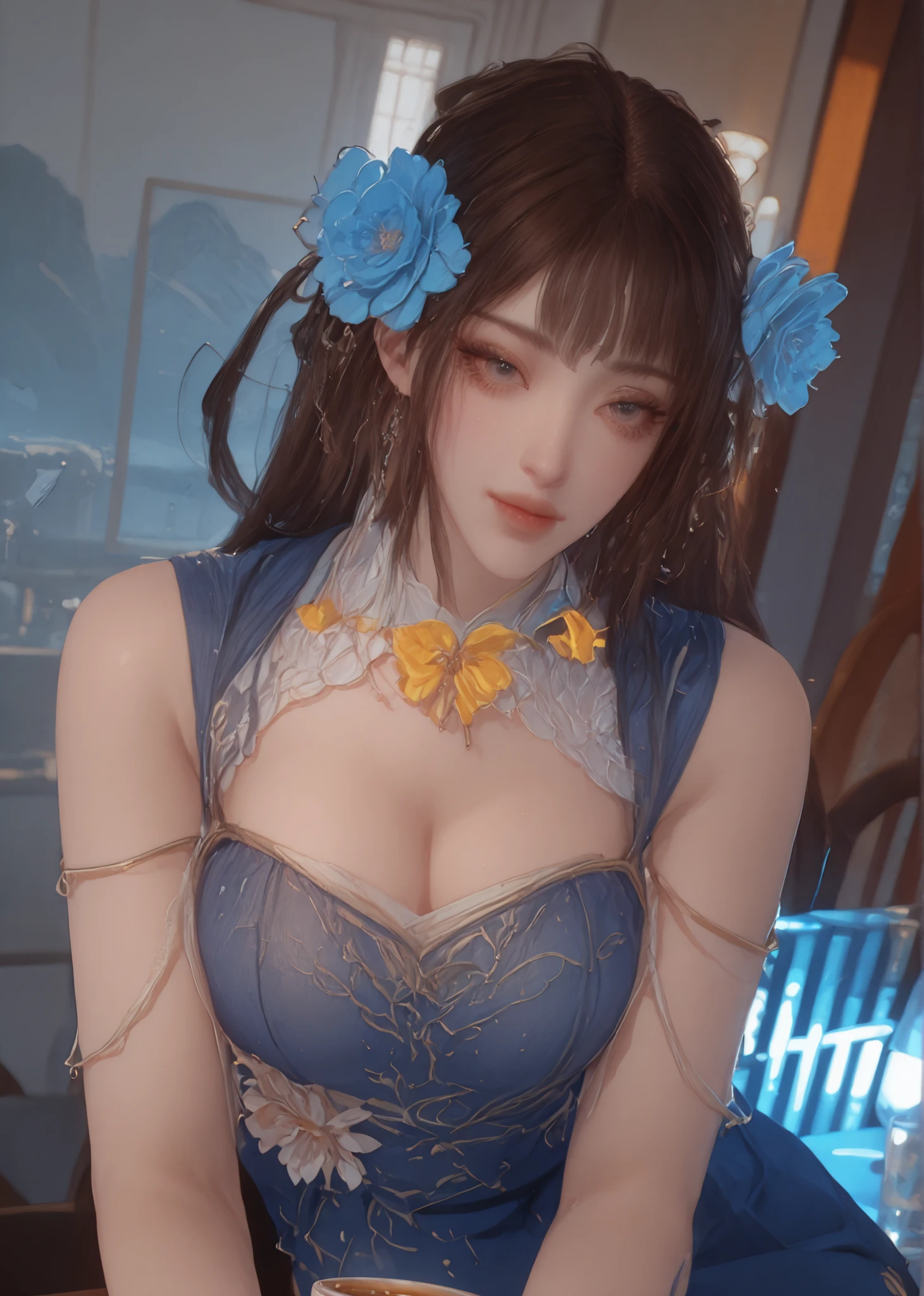 Change to a full-body photo of a woman,G cup,Perfect Details,has exquisite facial features, Clothes are exquisite , Game Character Design ,3D Rendering