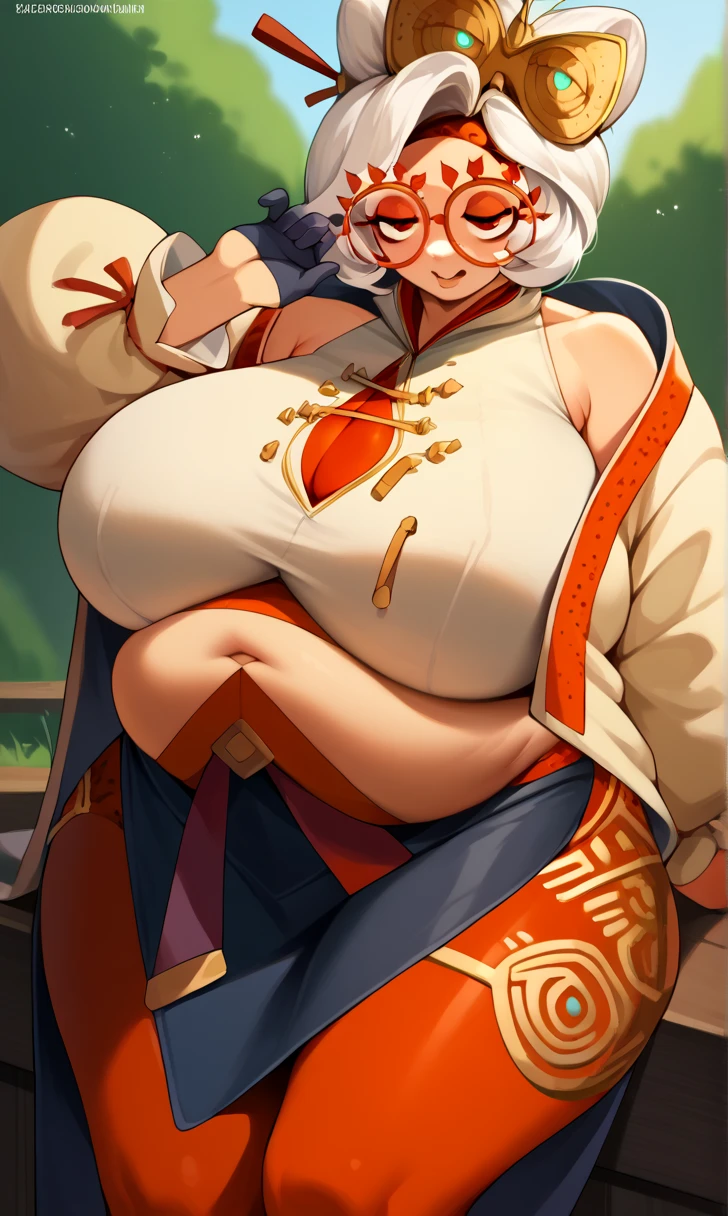 ((extreme detail)),(ultra-detailed), extremely detailed CG unity 8k wallpaper, best quality, full body shot, beautiful face,red eyes, confused look,,purah_totk, gold hair ornament, hair stick, sleeveless shirt, white jacket, red glasses,no lenses, red pants,tight pants, looking at viewer, holding,sky cloud, tree, mountain, wide hips, thick thighs, huge ass, huge breasts, mature mom,detailed fingers, accurate fingers