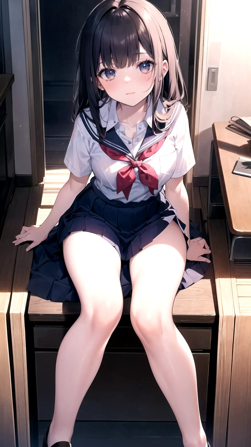 nsfw,alone, (One girl), Elementary school girl,8-year-old, (wearing only the top half of sailor school uniform), Sailor with un-folded hems, sexy, (Cowboy Shot), ((Put your arms behind your head)), classroom, With a girl:Her hair is long and black, Her face is round and cute, Black Hair, Low twin tails,,Shy, Embarrassing,(Pussyメコスジ:1.0),Sit on a chair、Spread your legs、M-shaped legs、((pussy,Female organ,Pussy)),