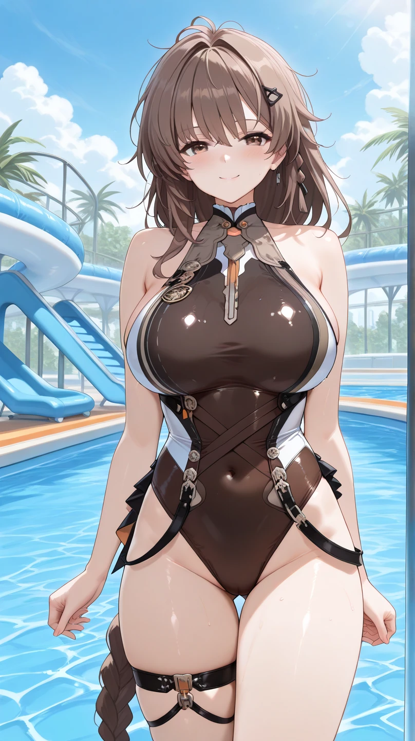 camel toe:1.4、(Sweat)、(vapor)､(((long gloves:1.3)))、brown loafers、black calf length socks、Open your thighs wide to the left and right､Squat on the ground、show off your crotch to the viewer, ((enamel bondage:1.3、squat, spread your legs:1.3, arm behind head ))、、absurd、Dark brown long ponytail hair、Big Tits、elevation angle、sexy pose、highest quality、Complex、surreal、perspective, very detailed, detailed background, shape、1 girl、alone、big breasts、light smile, embarrassing, blush, ((outdoor poolside)), 
