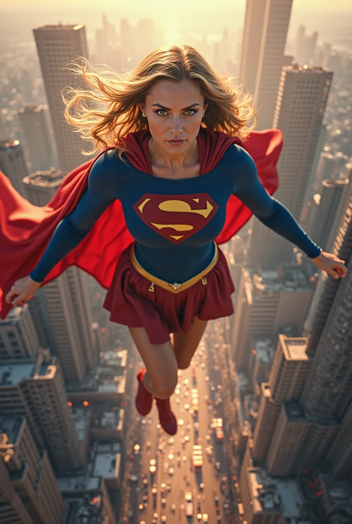 Eldery Supergirl, bodybuilder, ankle boots, tank top, short skirt, flowing cape, whooshing, metropolis