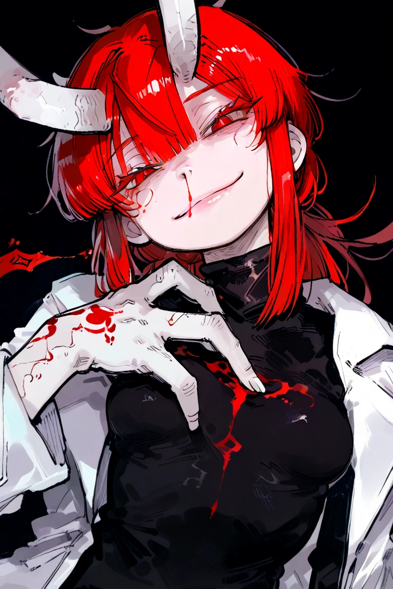 ((best qualityer)), ((work of art)), (detailded), 1 girl, ombro to ombro sweater, long black socks,long light pink hair,light blue eyes, ((flat breasts)), psycho smile,eyes wide,holding a large bazooka,((stained with blood)), ((Face covered in blood)),roupa stained with blood