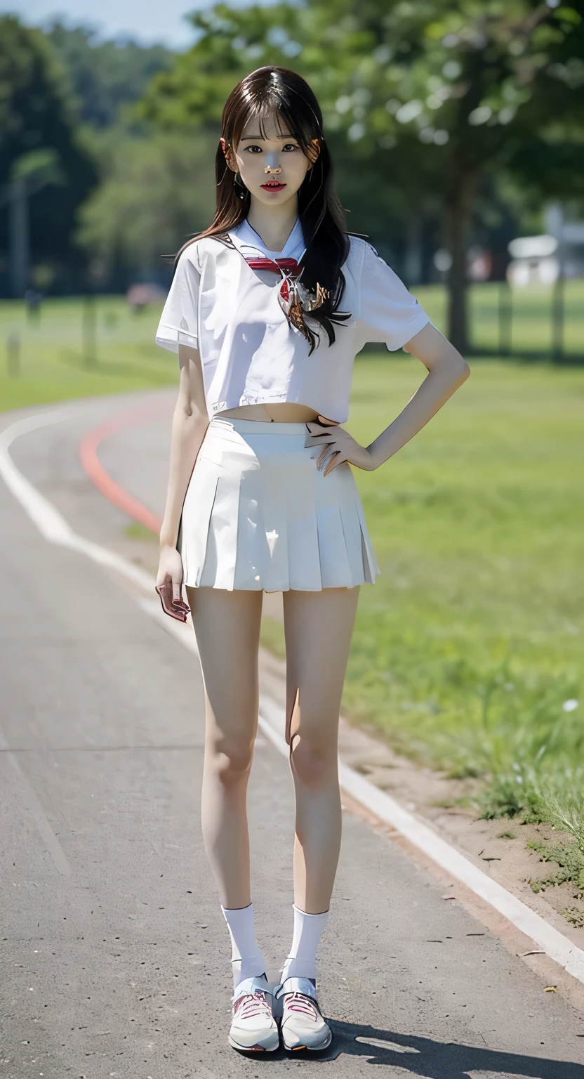 Black Loafers，Put Black Loafers on both feet，Very short white socks，Legs with beautiful skin，Too much exposed skin on the lower legs,Beautiful skin on the lower legs，Wear student shoes