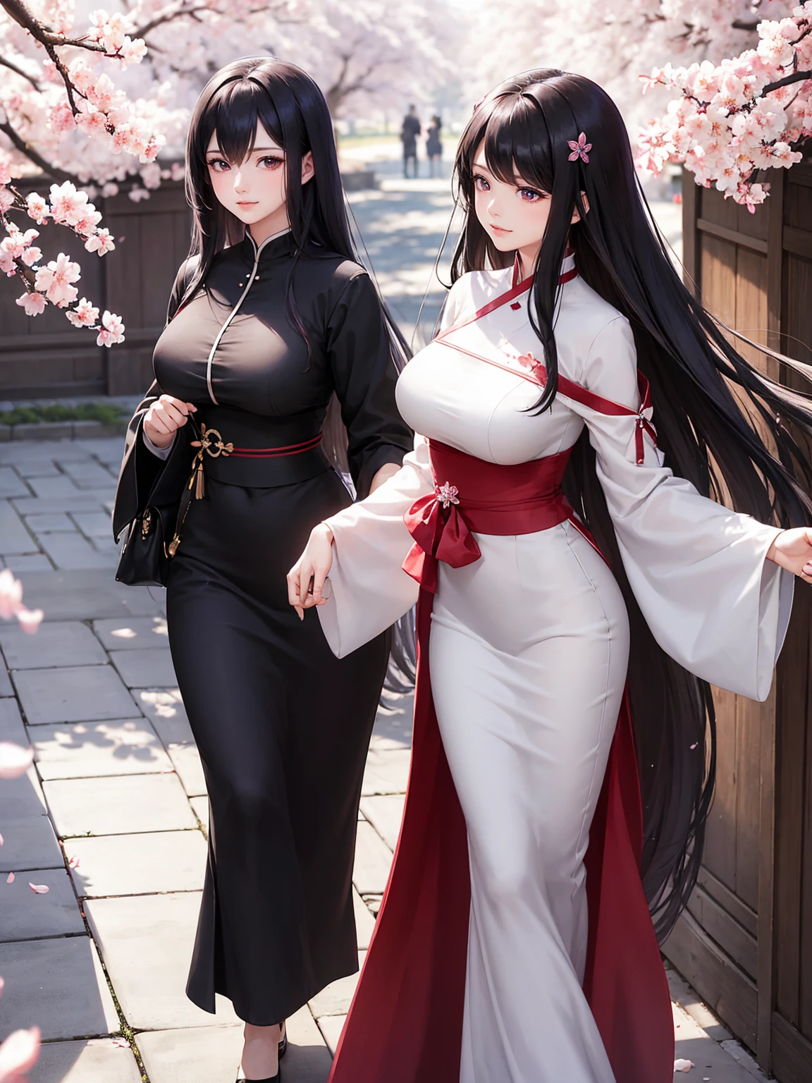 Uchiha_Madara, big_breast, standing, One, Madara_black_dress, masterpiece, Best quality, detailed face, Detailed red with three tamyos around the eyes, a high resolution, smile, hit, Sakura trees,