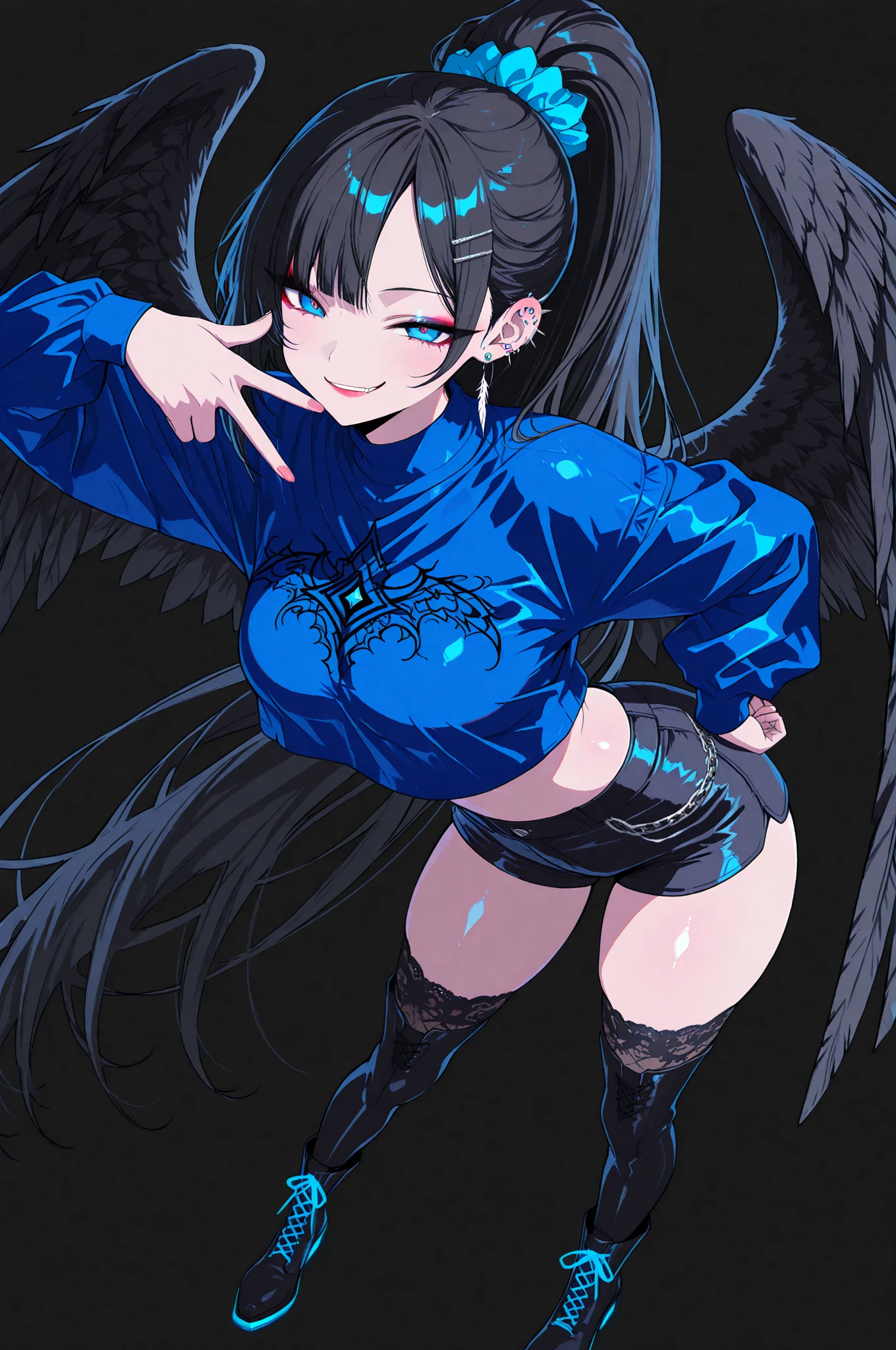 (score_9, score_8_superior, score_7_superior), One girl, VirtuosaBase, cute, (Little:0.7), Black Hair, Blunt bangs, Long Hair, Broken Halo, Energy Wing, Iris, Mole under right eye, Small breasts, Virgin Killer Sweater, Removable sleeves, Grey sweater, One-handed victory pose, Hands on hips, Leaning forward, View your viewers, superiorper body, Zoom out, White Background,