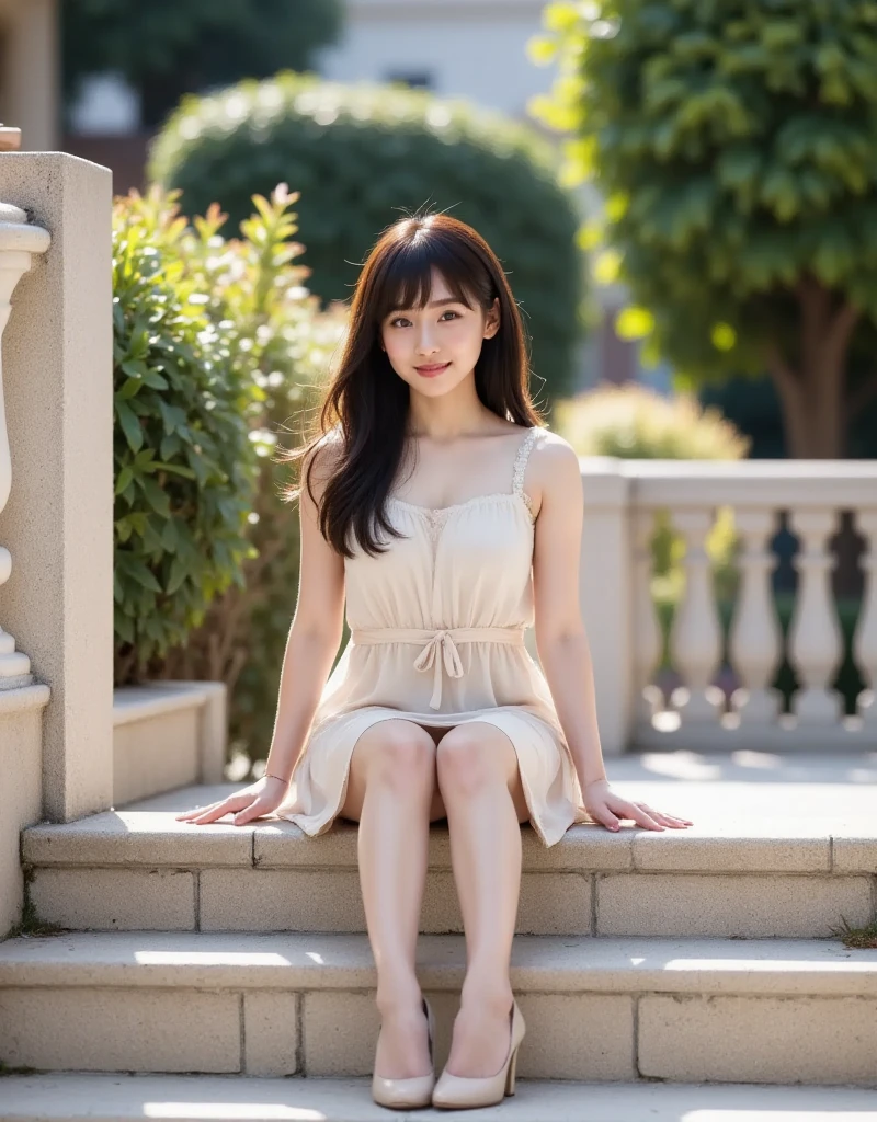 ((small tits、kawaii faces，small and flat chest))、((from the front side))，((Alone))、((Delicate body)),((Sit on the cobblestone stairs with your feet closed)), ((Fold your hands in front of your chest))、(()), Beautiful Girl, Freckles on her face, Light green eyes, Large earrings, white tank tops, Cream mini skirt, heel boots, Full body, ((Shot from below)), Very light skin , Very long hair, Wavy Hair , Black hair,japanes、 In the park in the evening, Photorealistic, indirect lighting, Volumetric Lights, Ray tracing, ultra-detailliert, Best Quality, Ultra-high resolution, nffsw, 8K Mastepiece, Best Quality, ((10years girl,Infant body shape)),((big eye))、Poses in motion，soft light rays、Raw photo, absurderes, ((With smiling eyes、ssmile)), ((Opening Mouth)),((Loli face：1.9))、((full body Esbian,))、((Young Face))，nsfw