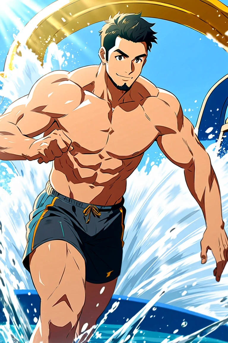 1boy,short hair, muscular, brown eyes, looking at viewer, white bodysuit, sunlight, sea waves, ocean, surfing,