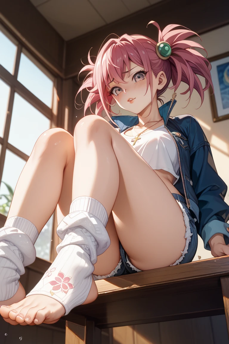 Anime style，Cute Anime style girl，Short white hair，Heterochromia，Wear high-top pink sneakers，Blue hair band，Transparent skirt，Even the underwear can be seen，Chiquita，Your leg，Short Ponytail，Expose，White，look at the bottom of the skirt，Lift one foot forward，Expose soles，You can see the sole，The sole is completely exposed，Draw the sole，Chiquita，Lower body photo

