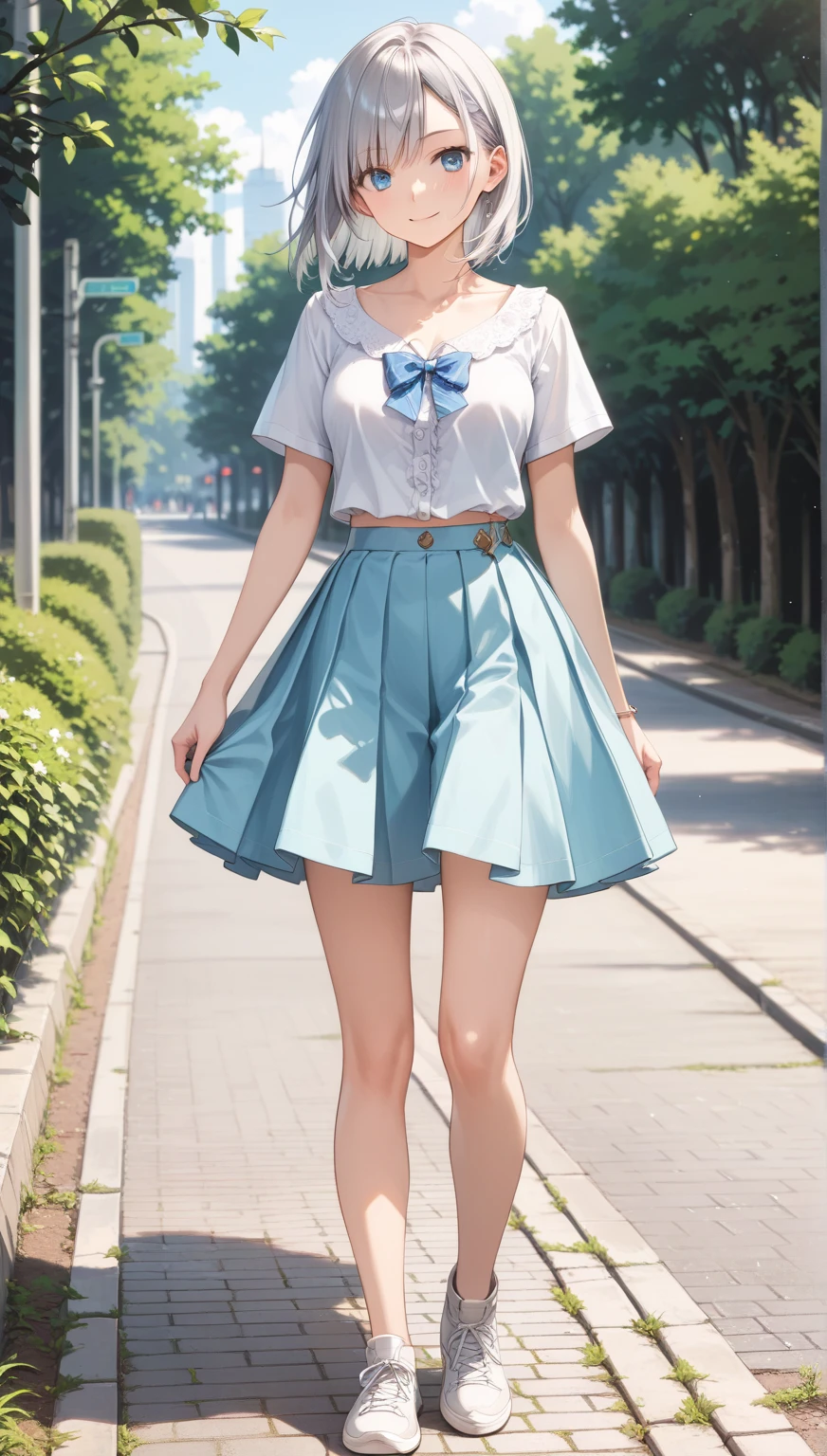 beautiful illustration、top-quality、Cute little girl s、garden 、A balck-haired、short hair、(((baby blue pleated skirt)))、(((white shirts)))、shortsleeves、normal tit、a navel、Flipping up the skirt with your hands、bare-legged、gray eyess、on the grass、lovely thighs、glowing thigh、blue square glasses