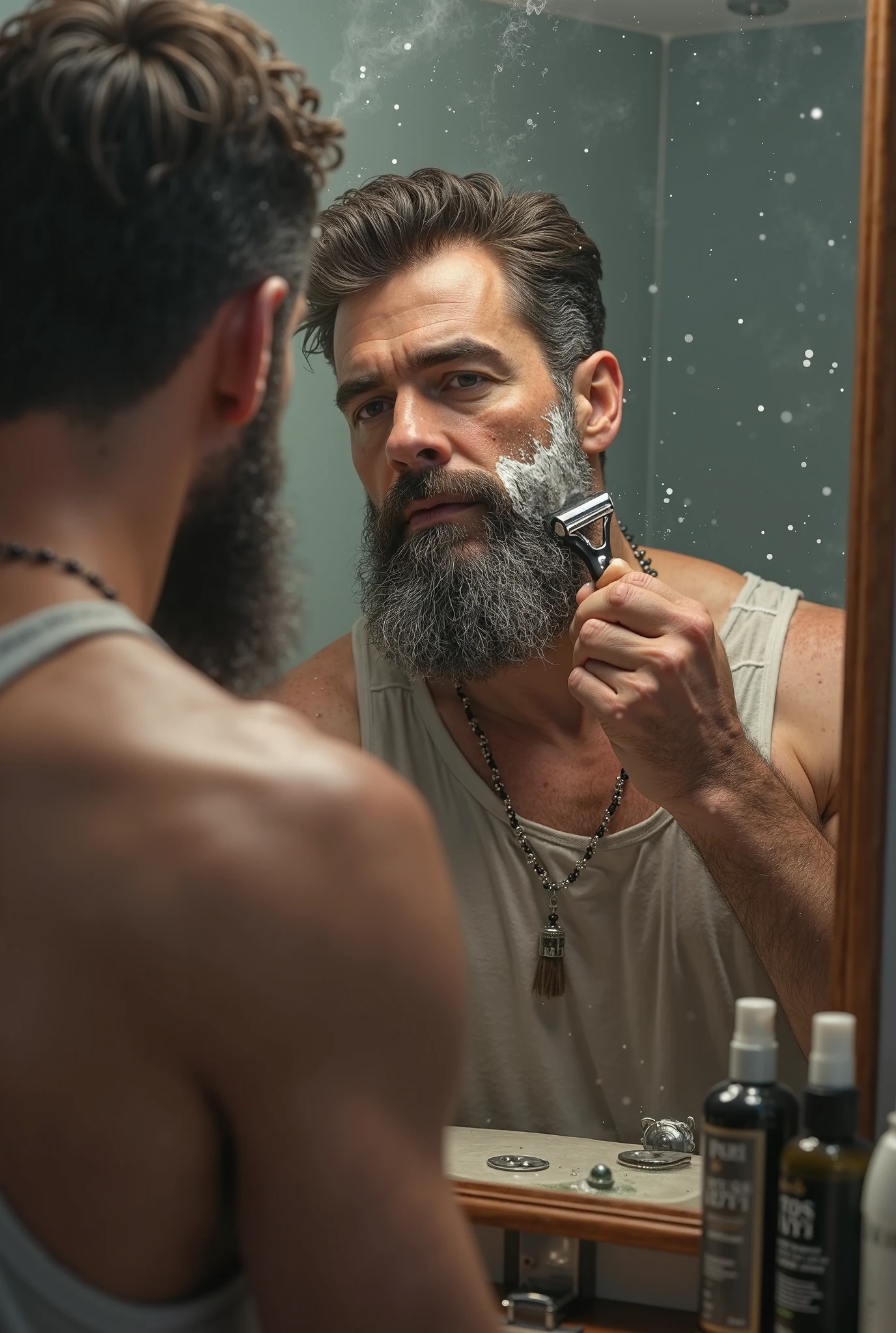 to shave one's beard, naked