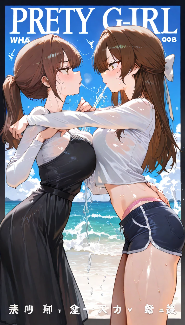 (masterpiece), best quality, (16k), expressive eyes, perfect face, lady, 3 girls, large breast, navel, (((topless))), (((wet navy blue solid pencil mini skirt))), bare arms, bare legs, shiny skin, wet body, outdoors, in the waterfalls, wading, brown hair, wet hair, Lower ponytail, closed eyes, :), standing, (cowboy shot), ((from behind)),