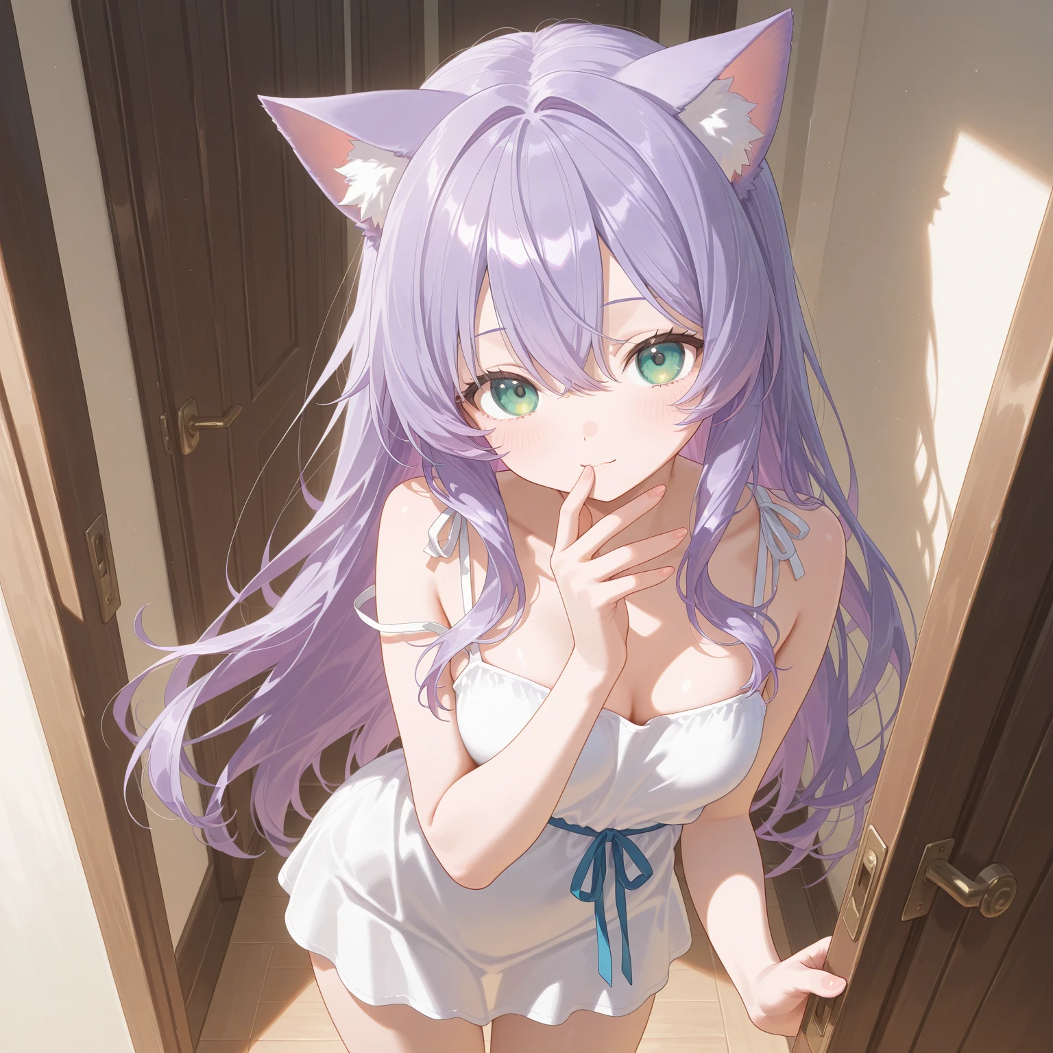 (furry:1.2), foco no corpo, peitos medios belas luzes e sombras, cabelo branco curto, olhos azuis, pelo branco fofo, ajoelhada no chao, lingerie rendada, envergonhada, cauda fofa, fundo de quarto fofo