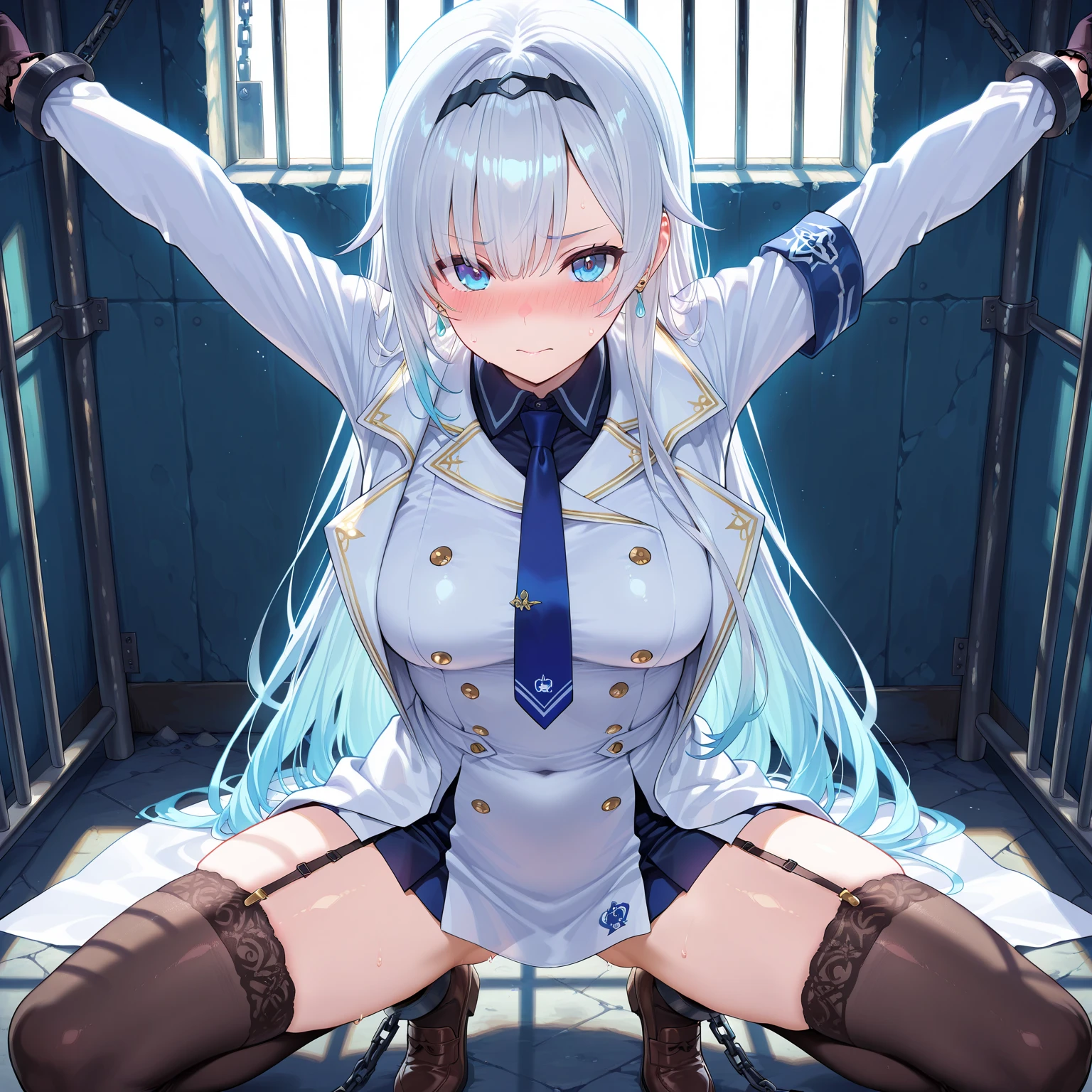 high quality,1 girl, jail, Anime, shackles, hands up, legs, Cute,White hair, boots
