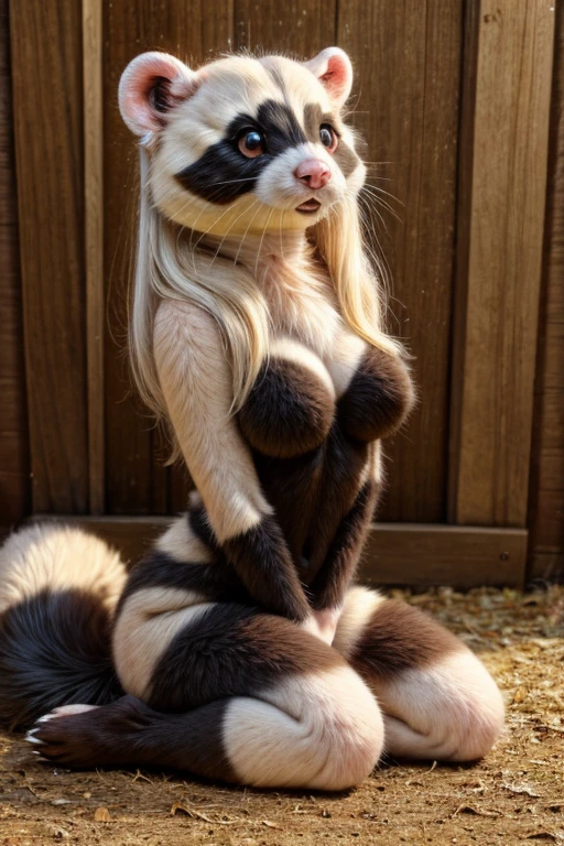 detailled skin texture, real life photograph of a pale ginger woman in the office, living fursuit, anthro furry tiger, counter shading, mature female, slim, crouching, dildo, rope harness, long hair, <3