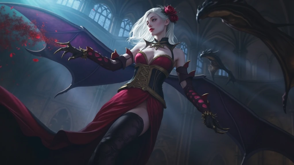 a gorgeous 10 year-old girl, vampire girl, dragon wings, evil smile, extremely detailed, 4k, perfect face