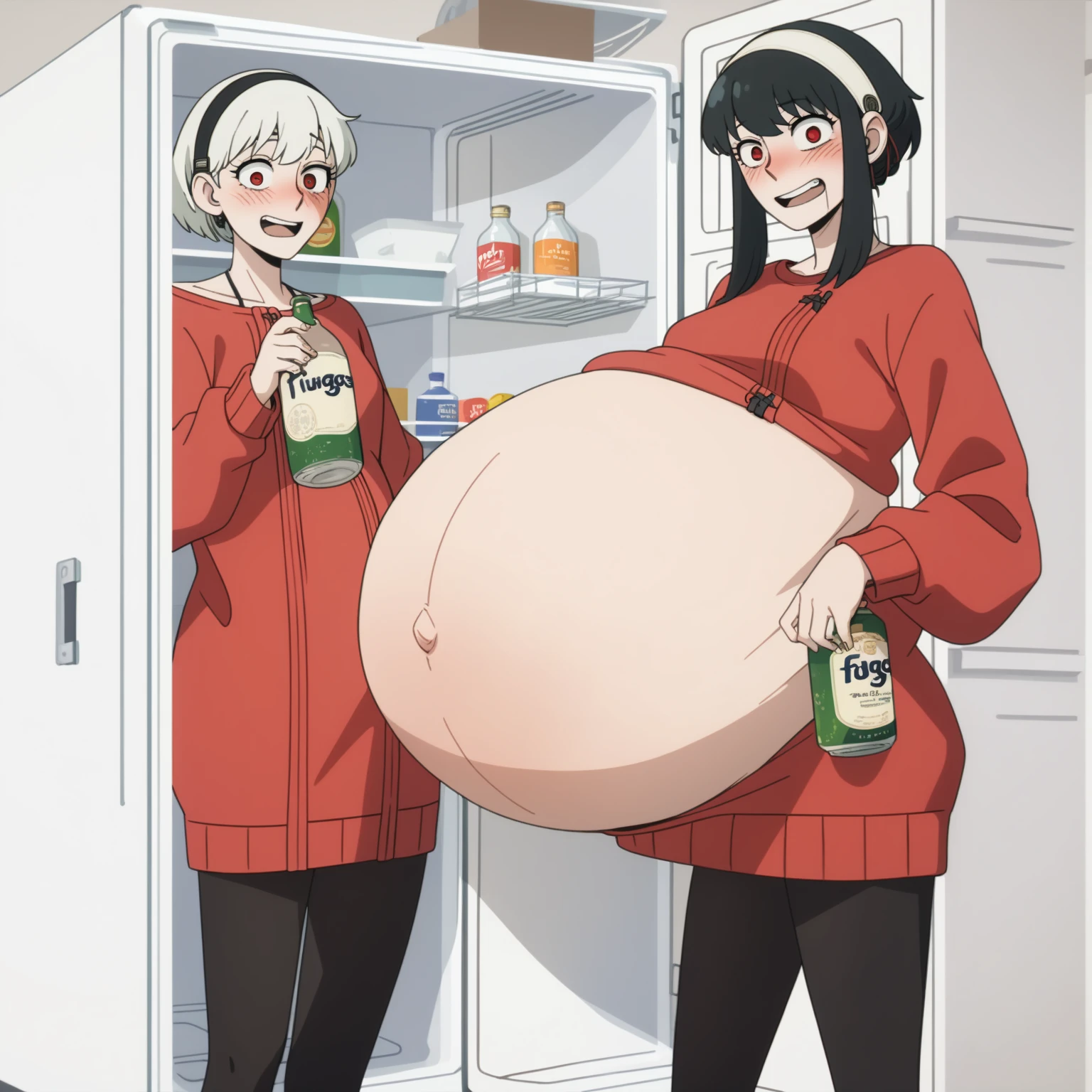 I look at the viewer, One, yorforger,1 girl, ((medium breast)), ((belly stuffed)), ((huge belly)), ((Very drunk)), ((staggers)), black hair, Red eyes, short hair with long strands, white hair band, from the shoulder, ((red sweater)), black tights, ((drank too much)), ((exhausted)), ((excited)), ((in front of the refrigerator)), ((Outdoor refrigerator)), ((lean on the fridge)),