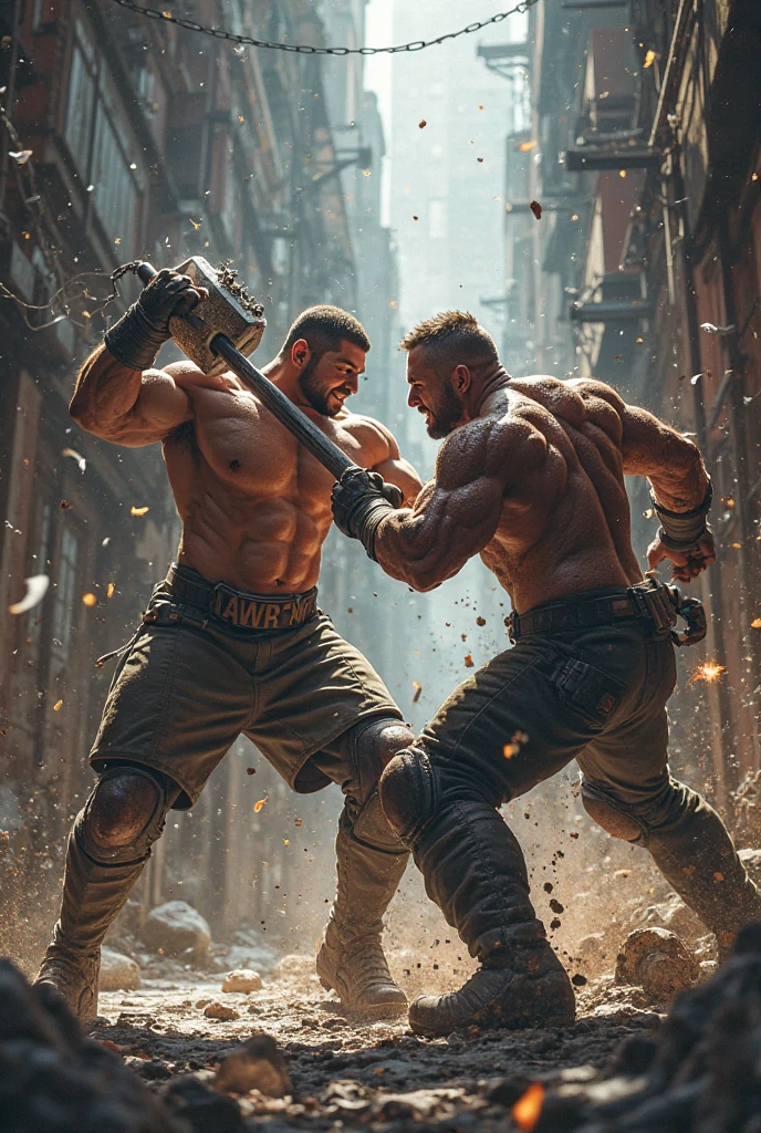 A white man and black man fighting.and the black guy wins