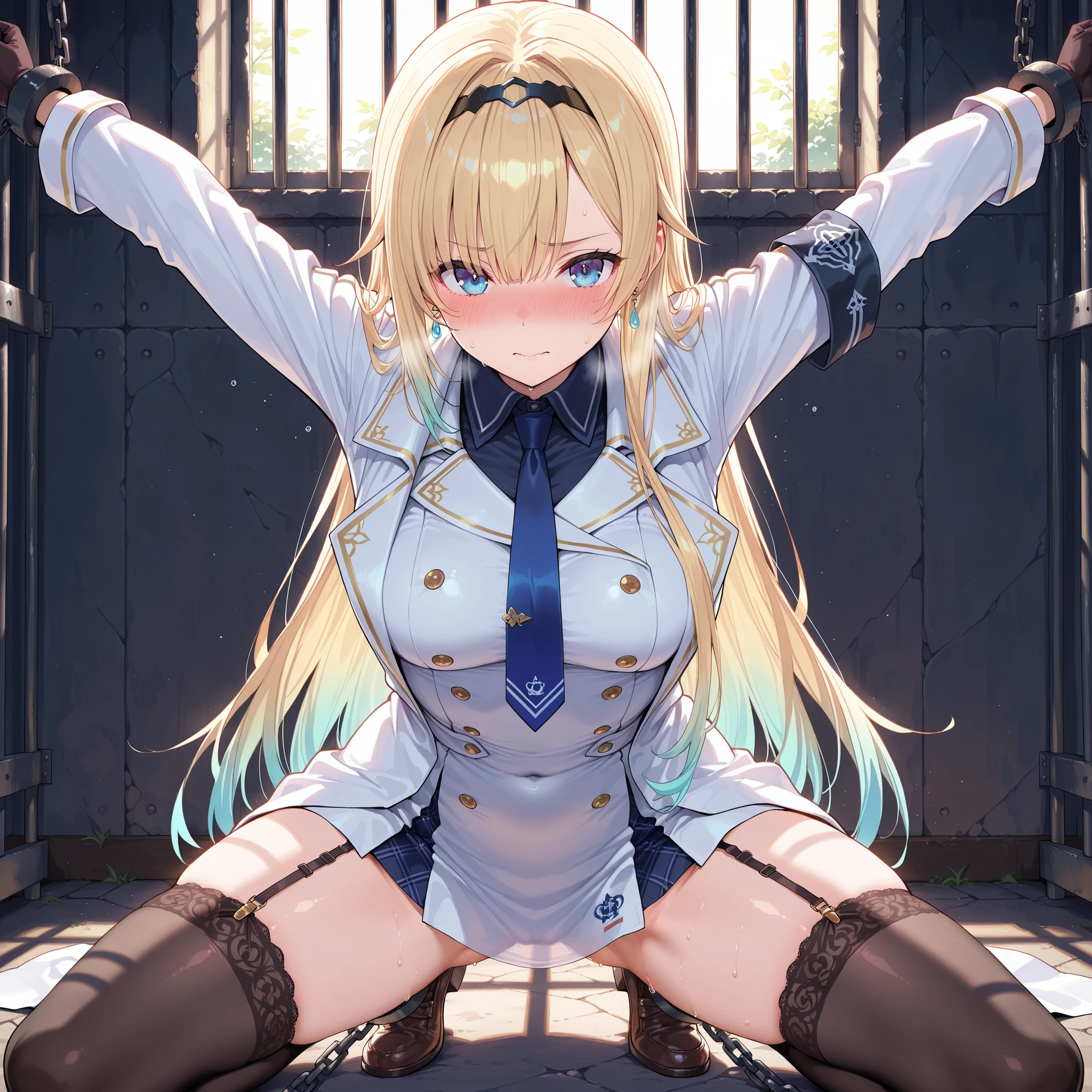 {{{masterpiece}}}, {{{highest quality}}}, NSFW:1.2,Woman warrior、sword士、swordを持つ、((sibari:1.5、BDSM:1.5, Chained, Chains in the hands、chasitity belt、Chains on the legs、slave)), (blonde、low ponytail、braided hair、Western armor、sword、wariza、squat、embarrassing:1.4、Sweat、blush:1.5)、From above、look up、(Western castles、cobblestone)high contract、best lighting、most detailed、cinematic angle、