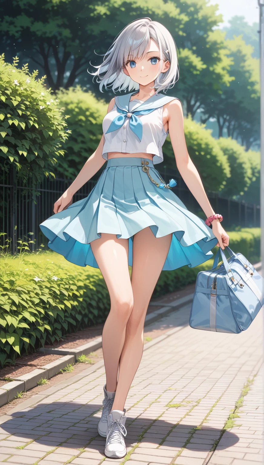 1womanl,12year old,Brown hair,Beautiful ponytail hairstyle, (Teal High Waist Skirt:1.3),, (whiteshirt:1.3), (double-breasted,Underbust:1.2), Short sleeves, buttonGap,A smile,small tits,Frameless glasses,