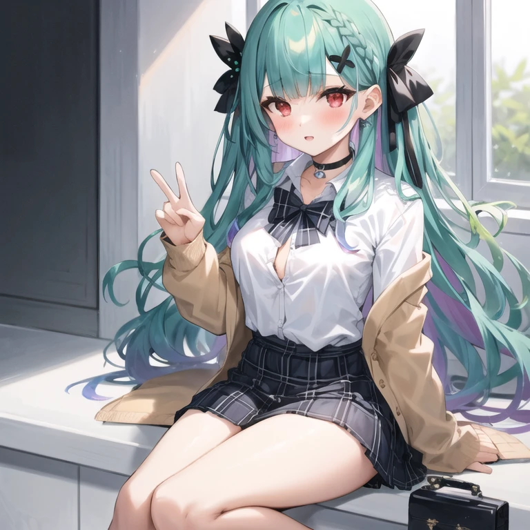 (masterpiece:1.2), best quality, highres, original, (extremely detailed:1.2), ultra-detailed, wallpaper, perfect lighting,(extremely detailed CG:1.2), 8k, anime illustration, 1girl, solo, nonomi \(blue archive\), (open the mouth, laughing, happy:1.2), school uniform, plaid skirt, (peace sign:1.1), close-up