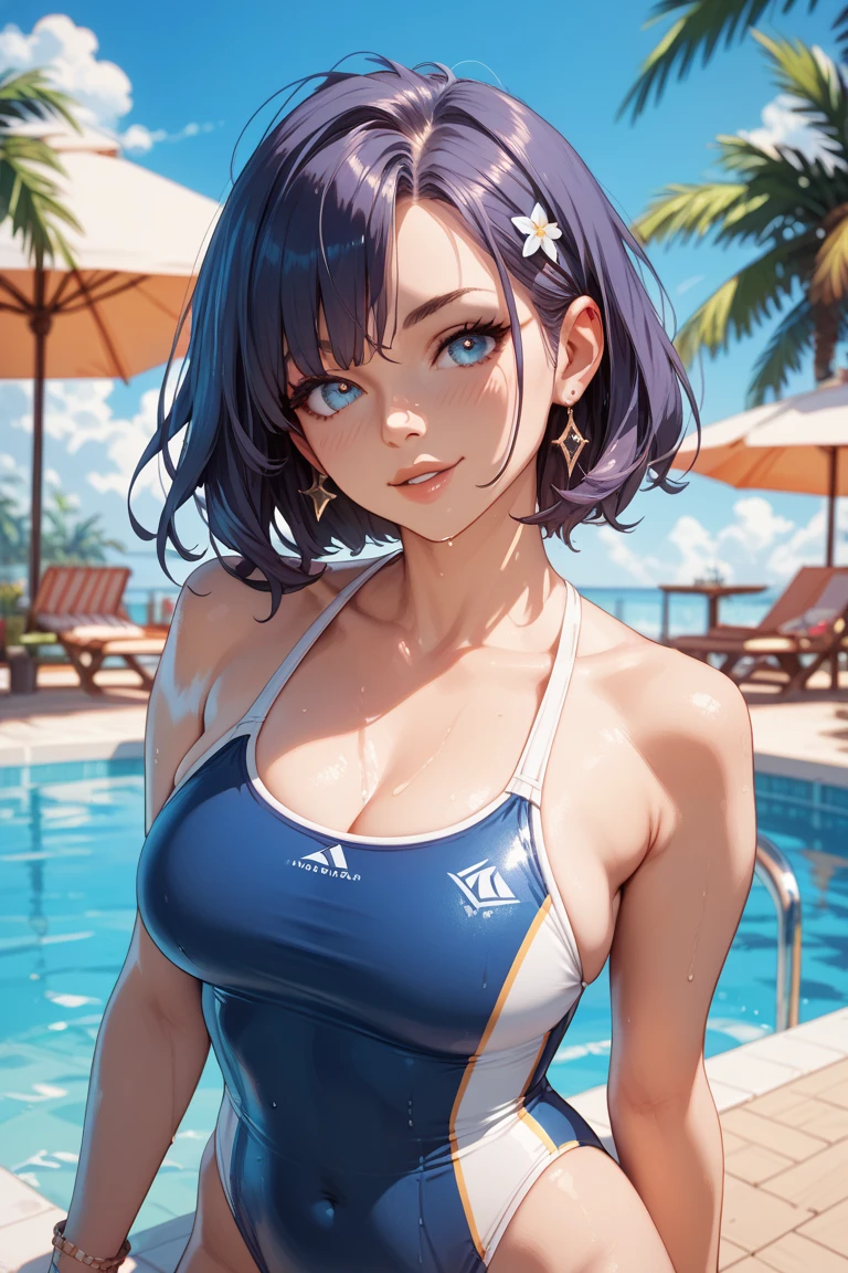 Beauty, Navy Blue Hair,short hair(Inward Curling Bob) ,blue eyes,Costume(Lifeguard), Large Breasts、Blue Earrings、background(Boolean) 、Sexy pose、