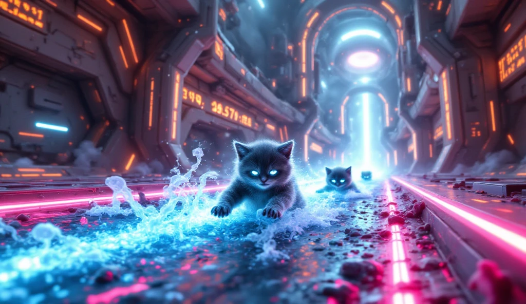 An extraordinary water park with a lot of slides in a space station. All the people sliding are kittens. Cyberpunk style  Neon Style. Gravity creates strange waves. Hyperreality. 8k HDR 