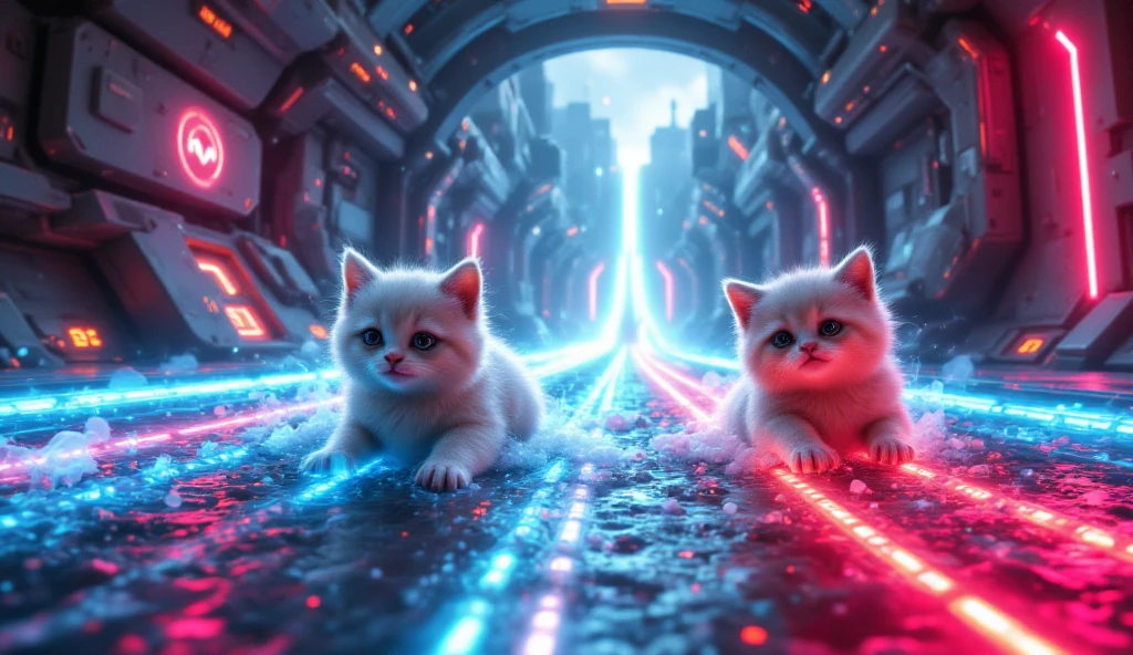 An extraordinary water park with a lot of slides in a space station. All the people sliding are kittens. Cyberpunk style  Neon Style. Gravity creates strange waves. Hyperreality. 8k HDR 