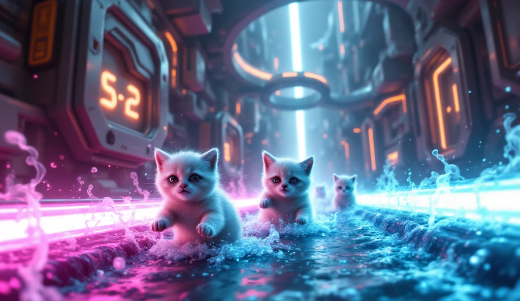 An extraordinary water park with a lot of slides in a space station. All the people sliding are kittens. Cyberpunk style  Neon Style. Gravity creates strange waves. Hyperreality. 8k HDR 