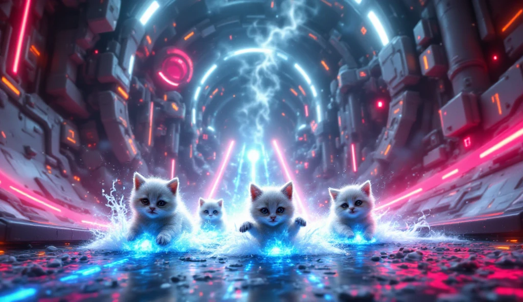 An extraordinary water park with a lot of slides in a space station. All the people sliding are kittens. Cyberpunk style  Neon Style. Gravity creates strange waves. Hyperreality. 8k HDR 