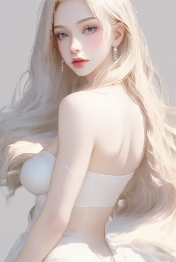 from the above, ((Best quality at best)), ((tmasterpiece)), (the detail), 1 Sister, she was wearing a revealing white dress. offcial dress, exposing the shoulders and navel, Fits snugly to the body,Highlight graceful curves. Her skin was as white as ivory,soft and smooth to the touch. Her branded hair is straight and shiny,pale nipples. Her long hair hangs down her head, Her figure looks more beautiful. Her eyes were big and deep,indigo. Her lips are painted with cherry-colored lipstick,Plump and highlighted。. Her figure is a bit mysterious,looking at the viewer only. She is a minimalist, and pure white room. Her face is beautifully trimmed,The eyes and nose are clear. The big black eyes exude a deep and subtle light,It's fascinating。. Her hair was long and shiny, And her elegant beauty enhances her charm. Her mouth is small, Her lips are beautifully shaped,Sparkling. Her skin is smooth and very beautiful, almost silky. She and she are both older, And her slender waist,The lines are very soft,It used to be beautiful. , (, humongous large breast, humongous large breast, ), long drooping, long drooping, Abs