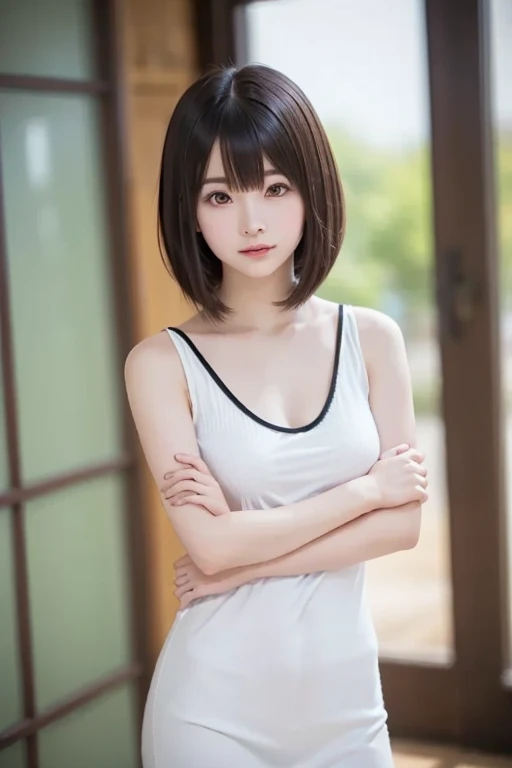 masutepiece, Best Quality, One girl, (Beautiful Girl:1.3), (:1.2), Very fine eye definition, (Symmetrical eyes:1.3), NSFW, (Put out naked, Cute sleeveless:1.3), Beautiful breasts, Brown eyes, Parted bangs, Brown hair, Upper teeth