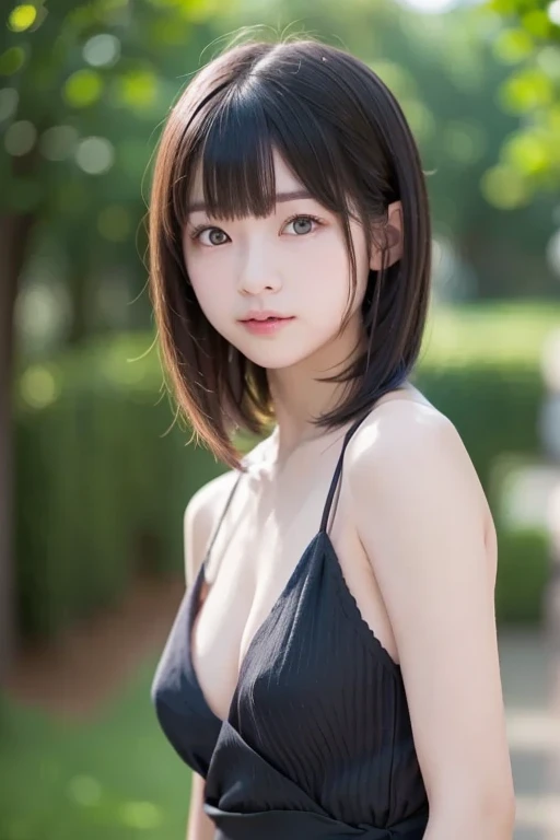 ((Best Quality:1.2, 8k, photo realistic:1.4, Masterpiece:1.2, super fine :1.2, caustics:1,2, a beautiful women, lens flare, Highly Detailed face Textures, detailed beauty makeup, realistic skin, detailed double eyelids, detailed bangs)), (bare back:1.2), (dam background), (smile), (detailed Brilliant shiny black on light hime cut hair), gravure pose, cowboy shot, ((low angle shot))