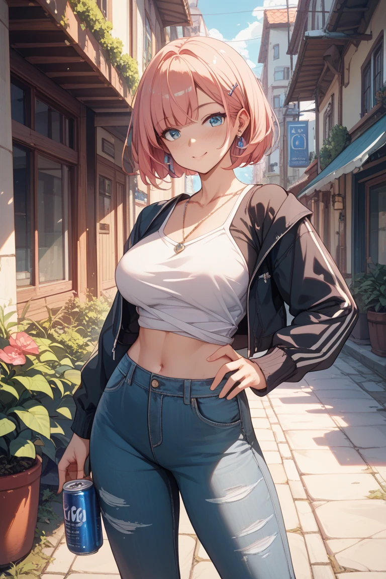 ((extreme detail)),(super detailed), Highly detailed CG Unity 8K wallpaper,highest quality, masterpiece, Emily_T8, off shoulder,  Pink crop top,