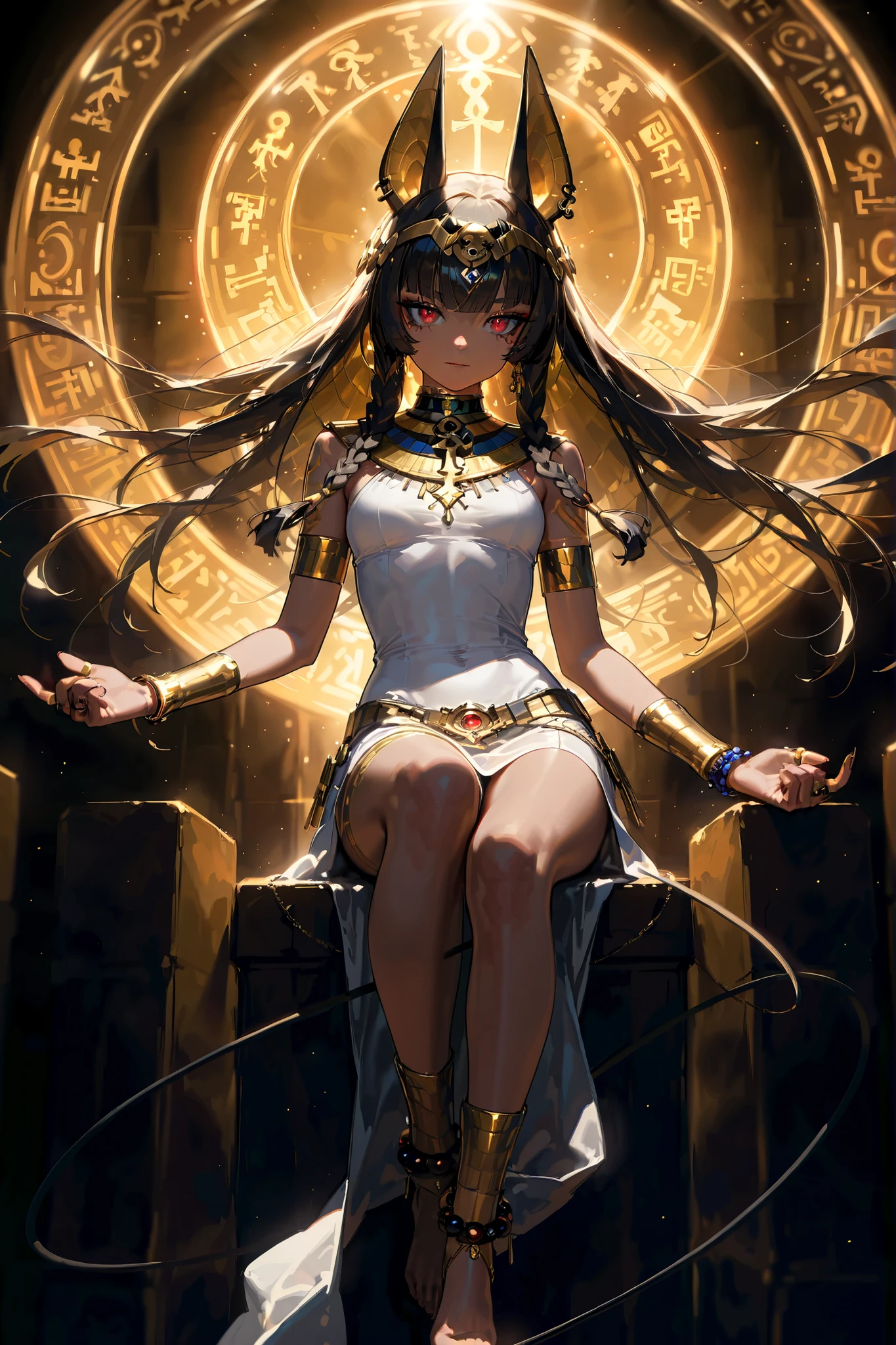 (High quality CT,4K,High resolution,main part:2.3),Very detailed,realistic:1.37,Best quality,masterpiece, high resolution,on_body, Tyndall effect,photorealistic, edge lighting, Two-color backlight,(high definition of skin:2.3), (8K UHD, DSLR quality, soft lighting, high quality, surround lighting, sincere, de 8K , 4k, 8K.) An Egyptian princess. A girl with an elegant slim build, a narrow waist, and small almost flat breasts. She has white skin with Egyptian tattoos. She has red eyes. She has Egyptian makeup: blue eye shadow, black Egyptian eyeliner with eye of Horus. She has a black Egyptian square wig on her head, consisting of many braids decorated with gold beads. On her head she wears an Egyptian tiara with a lotuses. She is wearing a white Egyptian tight Kalazaris dress. on her neck she has a wide collar consisting of many rows of gold beads made of colored Egyptian gold. She has ankh-shaped earrings in her jackal ears on her head. She has gold rings on each finger, and rows of gold bracelets on her wrists and ankles. She's barefoot. She has black thin tail with gold piercing. IN the background: an Egyptian temple surrounded by an oasis, blooming palm trees, blooming tropical flowers. Egyptian pyramids, desert.