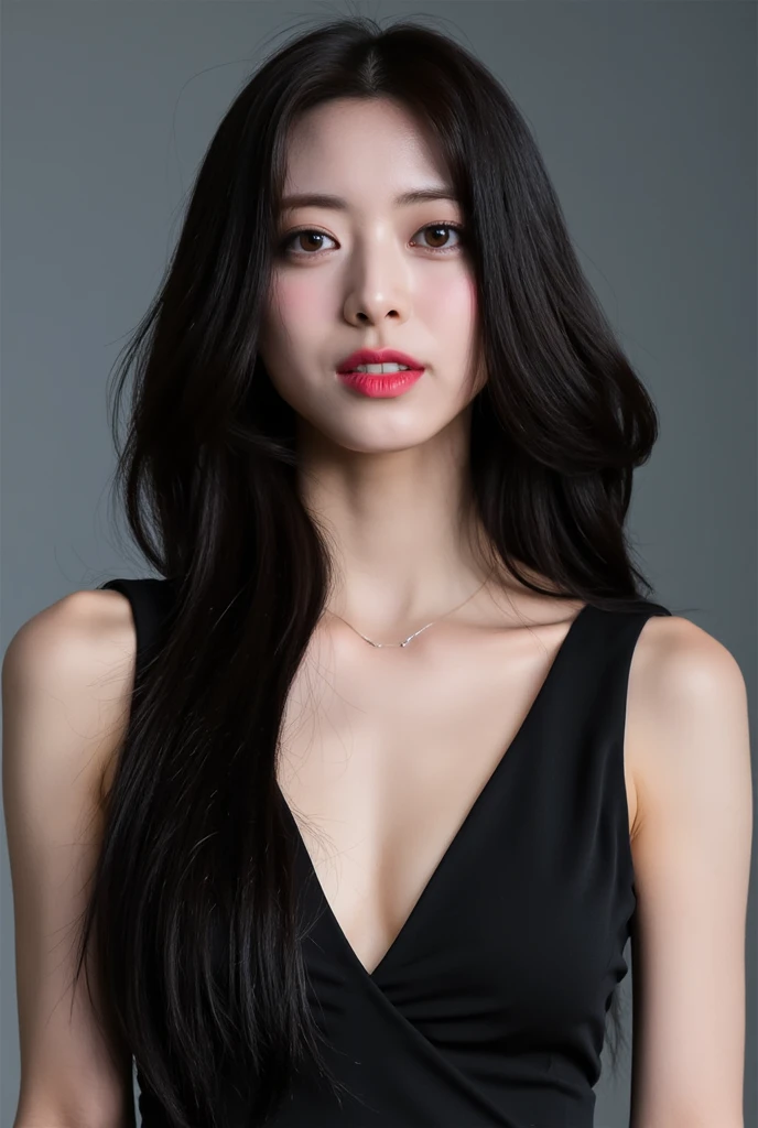 there is a long haired woman posing for a photo, full body, korean girl, korean woman, beautiful south korean woman, silver haired girl, beautiful young korean woman, long haired asian girl, an asian woman, straight gray hair, dark gray hair , sakimichan, with dark gray hair, silver long hair, with long hair, beautiful young korean woman, great work, 8k, cleavage, big, breast detail, hair detail, eye detail, wearing modern clothes that are open at the chest and armpits