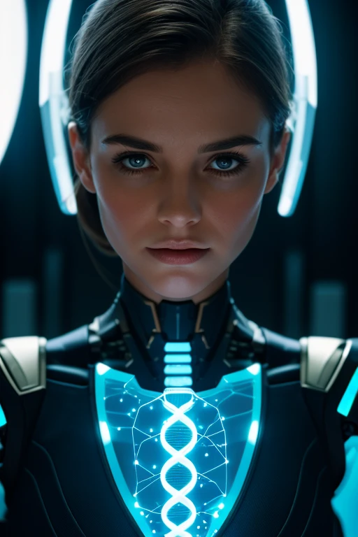 "Portrait of a beautiful woman with large, perfectly defined hazel eyes. His face is illuminated by the light of turquoise neon numbers that partially cover him, creating a futuristic and mysterious effect. Your skin is smooth and luminous, highlighting the beauty of your features. Her lips, thick and sensual, they are slightly broken, adding a touch of realism and character. The illumination of the neon numbers creates soft shadows that emphasize the bone structure of your face, giving it an ethereal and captivating appearance."