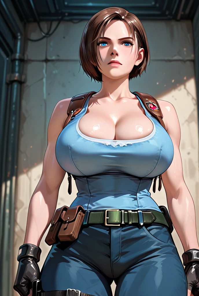 photorealistic, high resolution, 1women, mature female, solo, hips up, black hair, short hair, longsleeve blue shirt, belt, pants, police, cleavage, (downblouse), necklace,Jill Valentine - Resident Evil Series