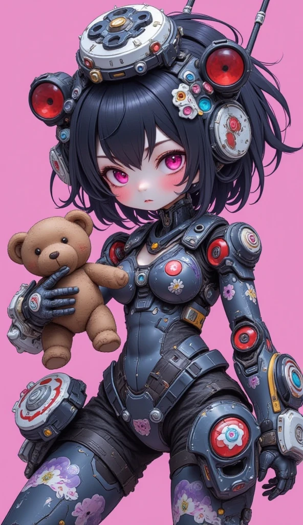 Darkness, horror, creepy, disease, mine - type, mass - produced type, gas mask, cross, ribbon, heart, slanted eyes, twintails, thick coating, black hair, pink eyes, hugging a teddy bear, art by hajime sorayama, <lora:Dystopia:0.8>