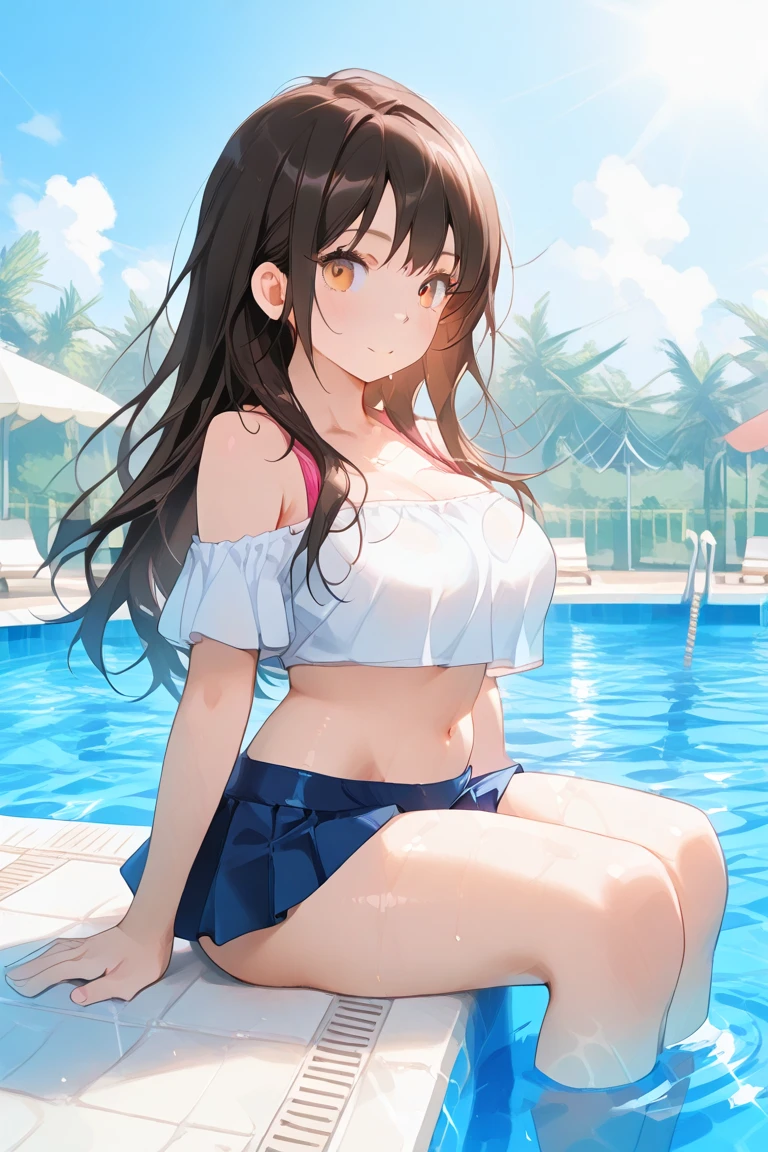 High resolution, high quality, One girl, Anime Girls, Brown long hair, Brown eyes, Pink Glasses,heart shaped pupils,Sunburned skin, Super big breasts,beautiful breasts,pointy breasts,(Big Ass),Embarrassed,miko,hakama skirt,(water),(snow),(ice),Soft cream,Shortcake,pancake,parfait,Banana smoothie,orange juice,Sit on a chair,smile,at flower garden,morning glory,