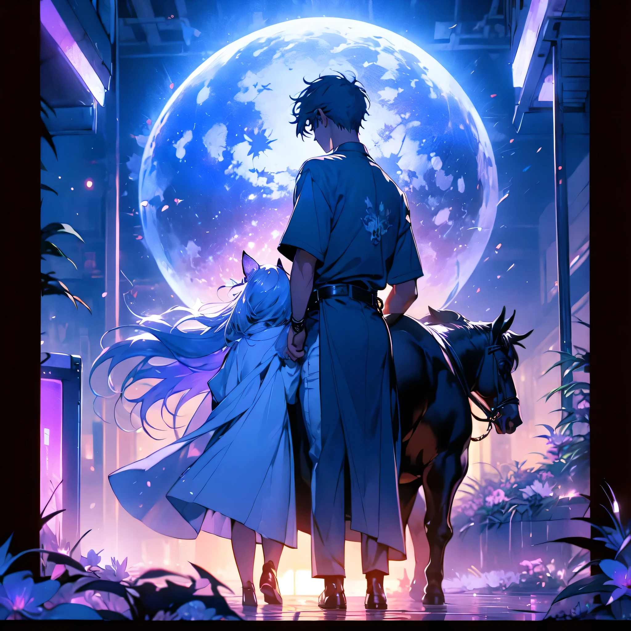 disorganized 、male and female couples、movie poster、Inji,Highest Quality、masterpiece、Official Art、The best light source、best combination、Super Detail、Super beautiful、16k、Super Detailな目、Wisteria Trellis Background 、Picture Frame、Picture Frameに紫のLEDライト、indirect lighting、Cyberpunk未来の美少女、long twin tail、For light purple hair、milk white gradation inner color、Shine、2 people riding a futuristic vehicle、beautiful boy、girl rides behind a boy, grab his arm from behind、Cyberpunk、Overall purple light source、