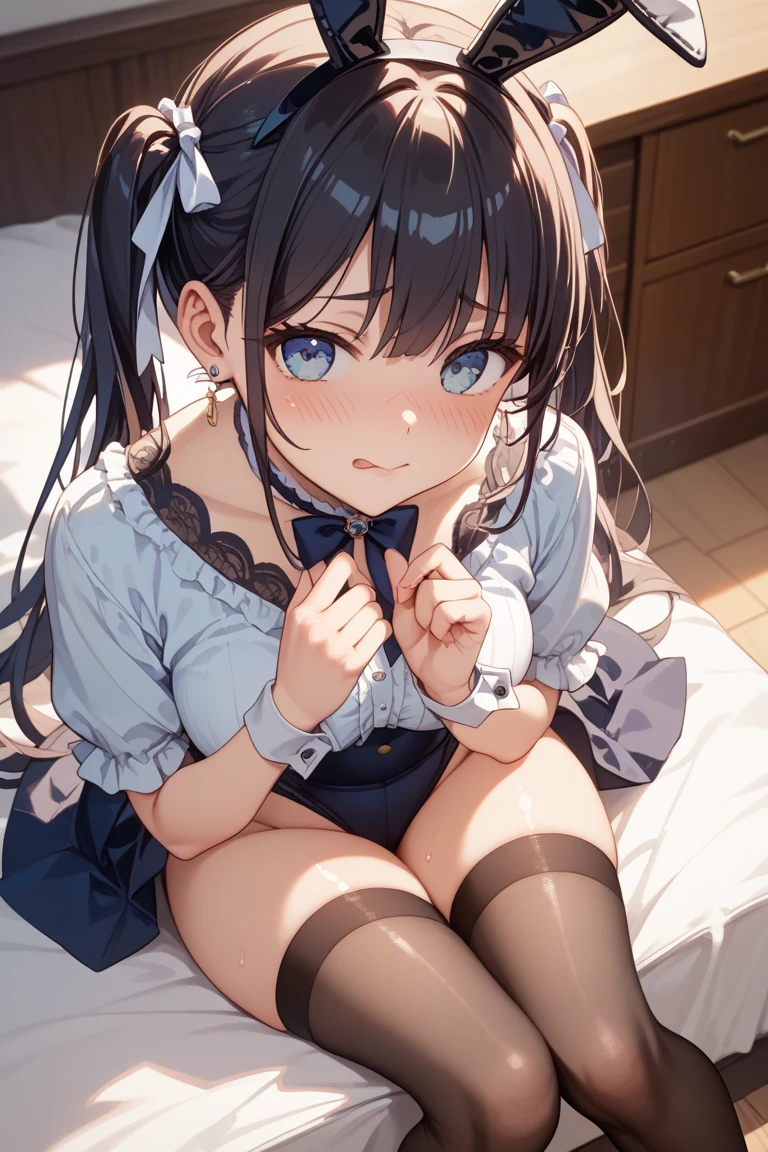front view,1girl,Beautiful girl at ,Japanese,Slender,small breasts,Baby Face,Small face,Black Hair,Row Twin Tails,Gray Eyes,Drooping eyes,middle School girls,A see-through black and light blue negligee,Sexy Lingerie,open mouth,tongue out,front face,Kneeling,Put your chin forward,Place your hands behind your head.,Beautiful and detailed anime art,A mischievous smile,front view,high angle, looking at viewer, looking ahead, from above,face focus,Sexy vibe,cum on tongue,Dimly lit room,Beautiful room,On the bed,VIP Room,White Room,Simple room,blurry background