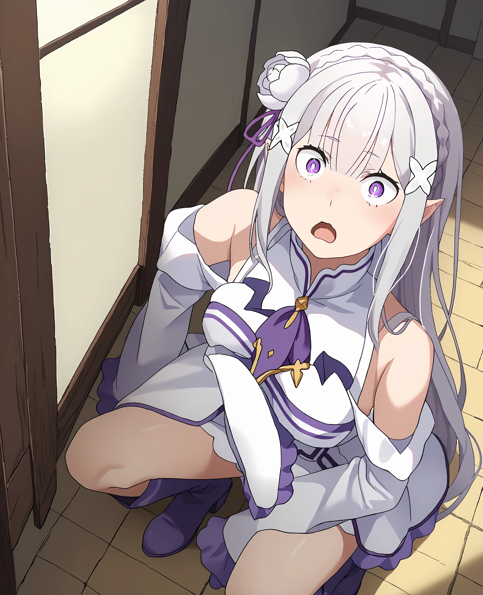 masterpiece, best quality, high resolution, source_anime, highly detailed illustration, detailed eyes,
very aesthetic, absurdres, newest, amazing quality,
1girl, solo,
<lora:shiEmiliaV12ill:1> shimilia, long hair, grey hair, purple eyes, pointy ears, crown braid, hair flower, hair ribbon, purple ribbon, x hair ornament, white dress, cleavage,  shoulders, wide sleeves, white thighhighs, thigh boots,
<lora:shiRemotePovV1ill:1>,
shivibpof, remote control , pov, , pov hands, controller, remote control,  under clothes,  cord,  toy, trembling, ^^^, 
1boy, holding, standing, hetero, solo focus, 
blush, open mouth, raised eyebrows, half-closed eyes, sweat, teeth, tongue, saliva,breath, against wall, from side,  puddle, 
shoulder bag, handbag, stairs, blurry, blurry background, outdoors,