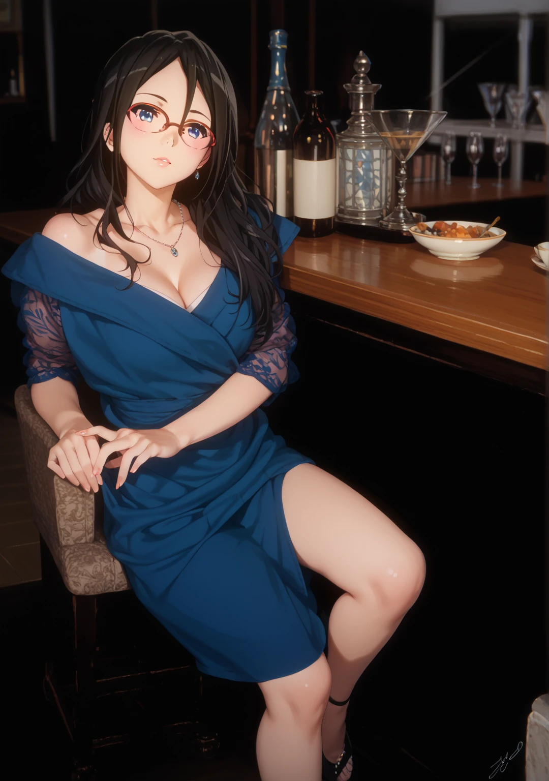 Beautiful adult woman with purple hair,(((She is sitting on a chair in a fancy restaurant and looking at the night view,There is a luxurious round table in front of her.))),angle from very far away,She has a hairstyle that shows all of her forehead.,(She is wearing a tight black dress and glasses,she is smiling),anime extremely detailed,
showcasing grace and beauty,
Sensational artwork, ultra-high definition, 8k,
A masterpiece of breathtaking beauty and aesthetics.
