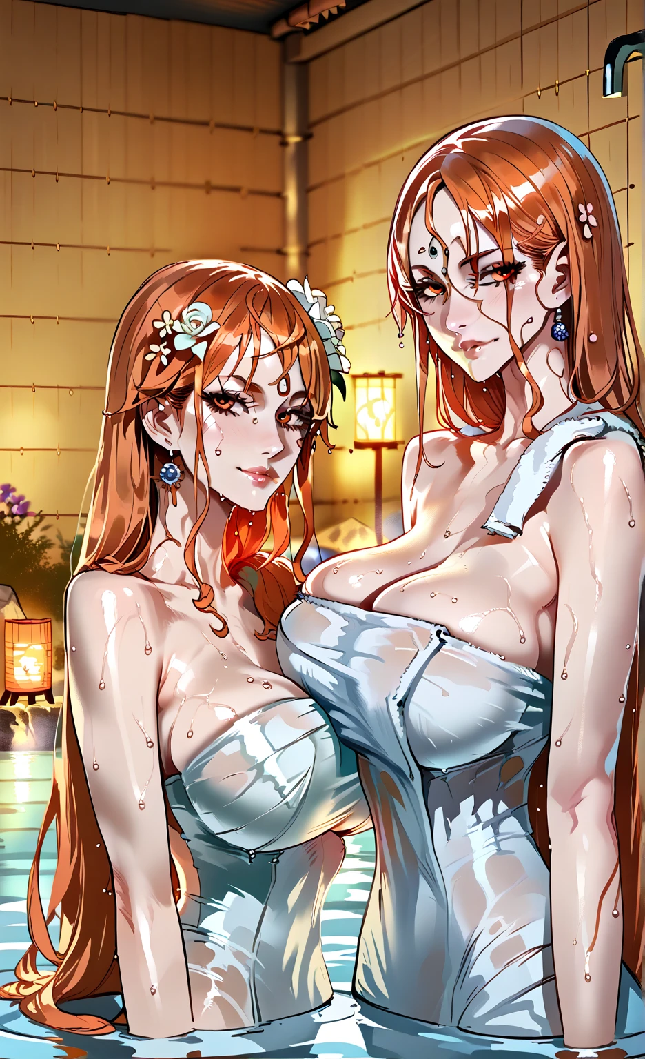 (((wrapping_bathrobe))), moonlight, stary_sky, red_hair, beautiful_hair, beautiful_eyes, 1_beautiful_girl,shy_face, cute_face, beautiful, best_quality, good_anatomy,, onsen, night, steam, moon,ultra_quality