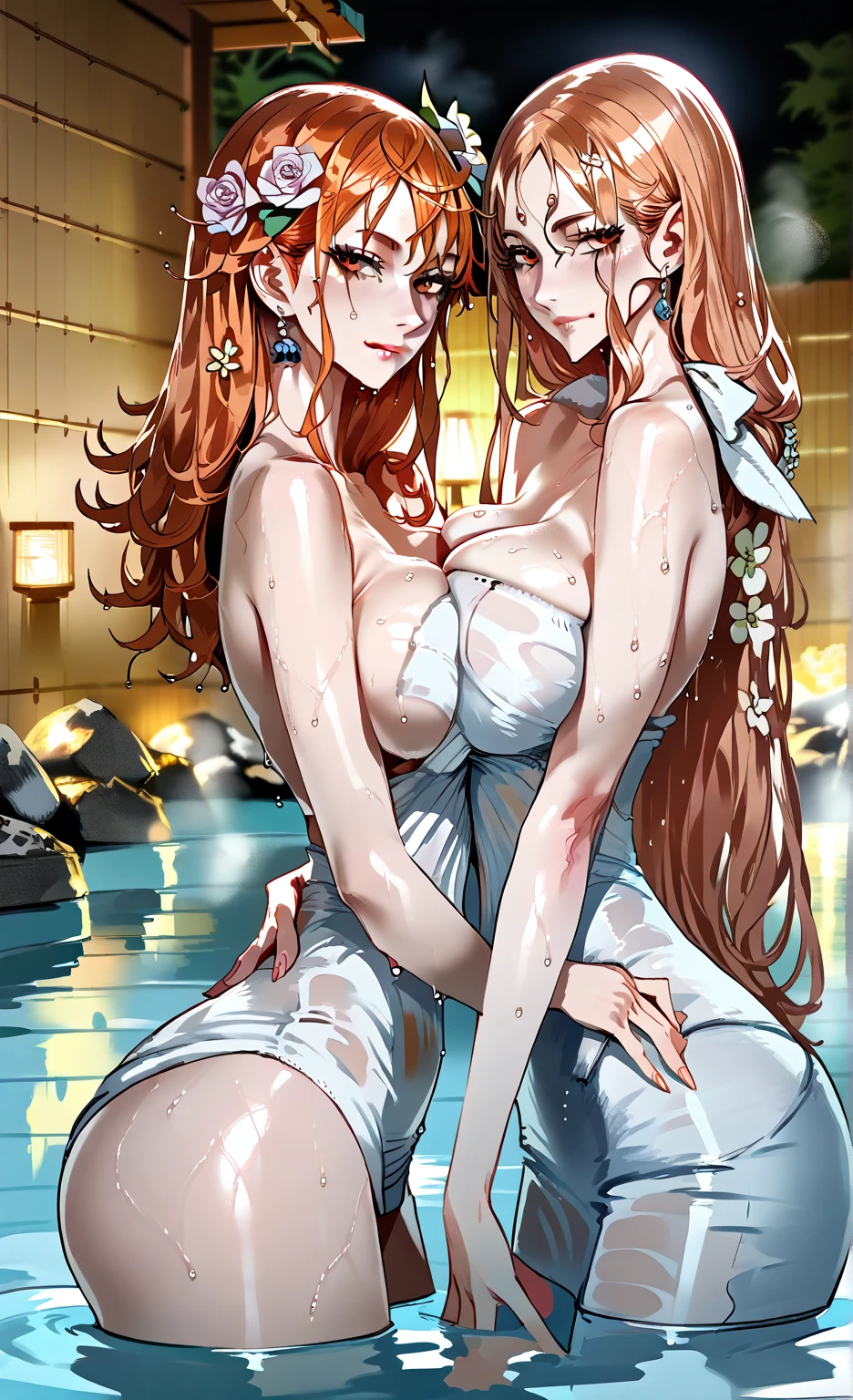Spice and wolf girl, aqua body, sensual nude, back pose,  sesual pose in japanese onsen add_detail:1
