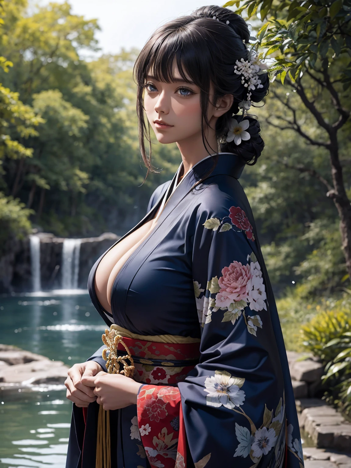 (masterpiece), best quality, expressive eyes, perfect face, front lighting, (outside japanese garden background), (posing), (smirk), (cleavage view), (1girl, milf, nico robin, latina, dark skin, long black hair with bangs, ponytail bun with hairbow hairstyle, brown eyes, hourglass figure, skinny body, thin body, petite_body, large breasts, huge breasts, oppai, large cleavage, wide hips, thick thighs), (geisha, geisha outfit, black kimono, floral pattern, long sleeves, strapless, collarbone, exposed cleavage, sash, obi),