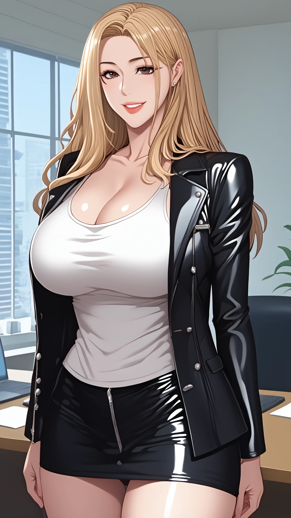 Photograph of a 40-year-old woman, blond hair, con gafas, obra maestra, brassiere, ropa interior, sujetador_negro, chaqueta, bragas_negras