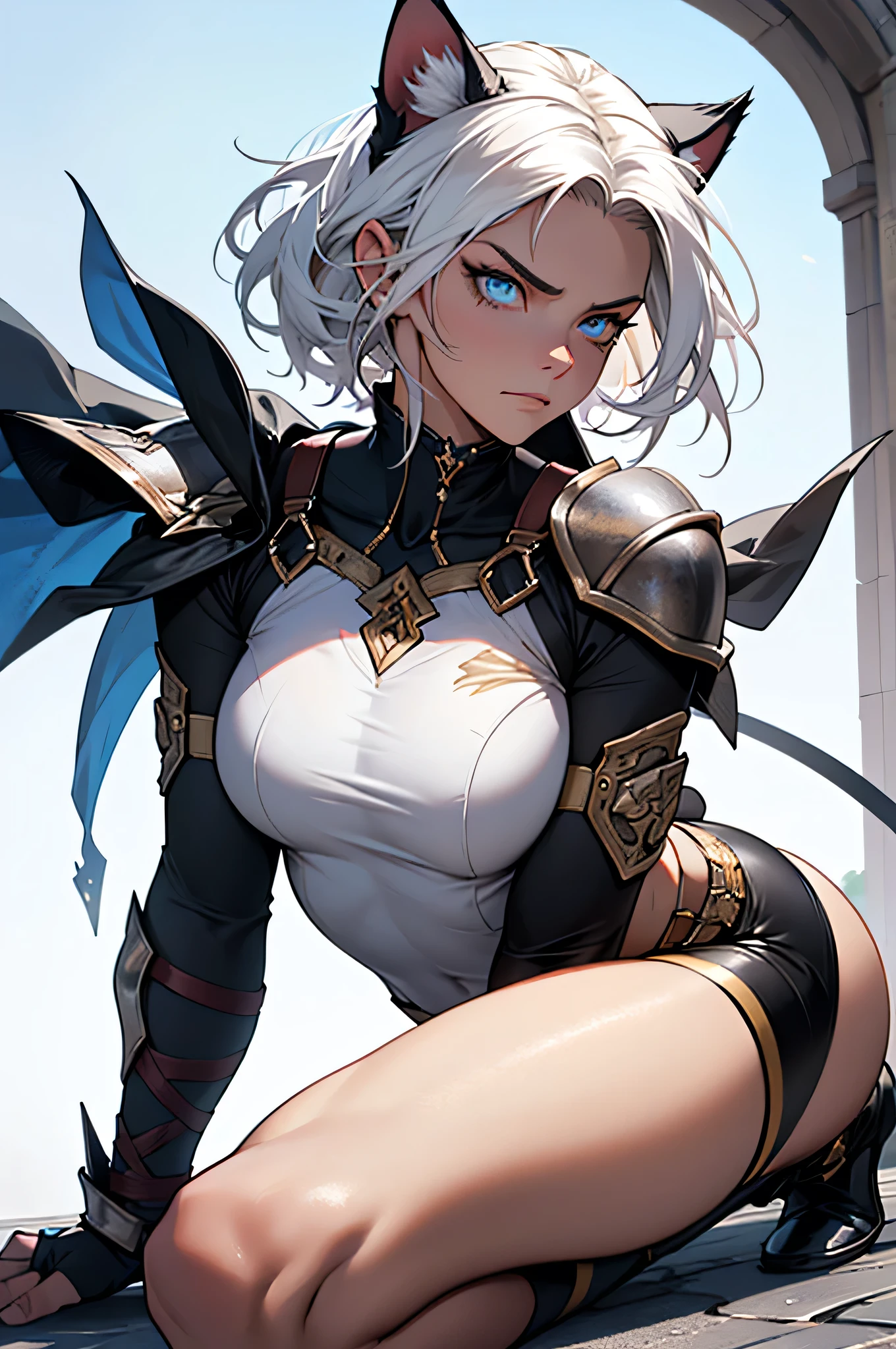 1girl,(8k, RAW photo,high quality:1.1), High-definition photo,(petite),closeup Waist,crotch Focus,faint smile,Beautiful thighs,thick thighs,tender thighs,(dark skin:1.1),hot pants,Groin,(underboob:1.1),Slingshot,oily skin,long sleeves,Thigh-high socks,corset,(short torso:1.3),white short hair,short cape,Upper arms,from below,Fighting pose,Holding a sword,(sword,blade,katana:1.2)