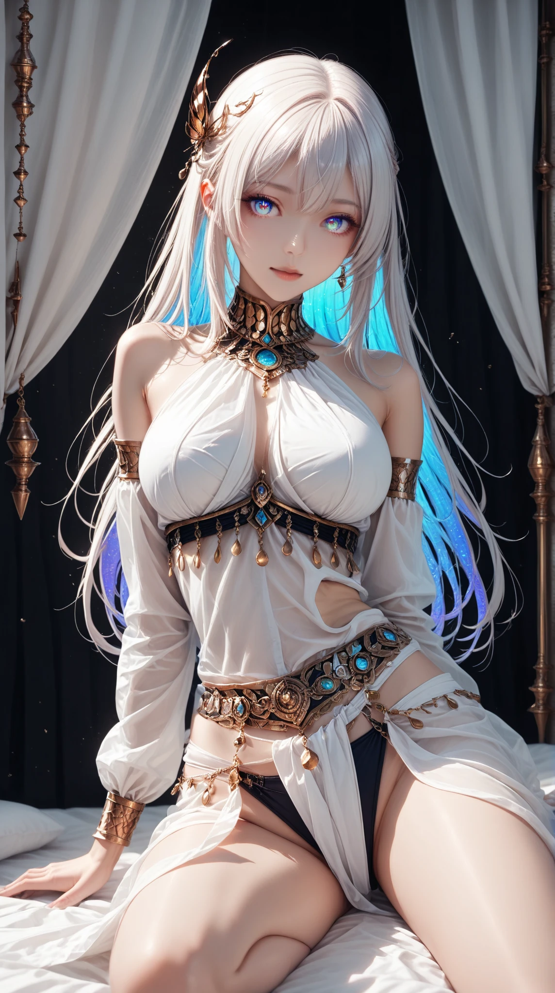 Girl with silver hair, light glowing skin, blue eyes, Perfect contrast, light balance, the perfect body, Full-size body, wear a gold necklace and earrings, soft lips, Highest Quality, 8K, close up, ultra detailed image, wear a loose white shirt and black shorts, without bra