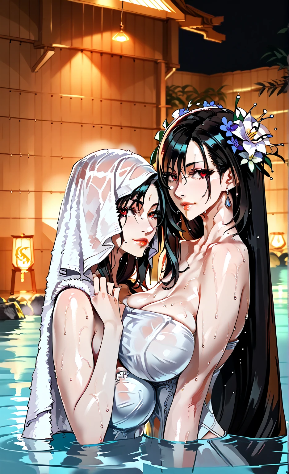 2 dark skinned girls, very detailed purple irises, wearing summoning robes, summoning circles, long hair, curled hair, covered in cum, holding ancient goblet full of cum, smiling, wrapped in tentacles, tentacles ripping off robes, kissing big black demon monster man